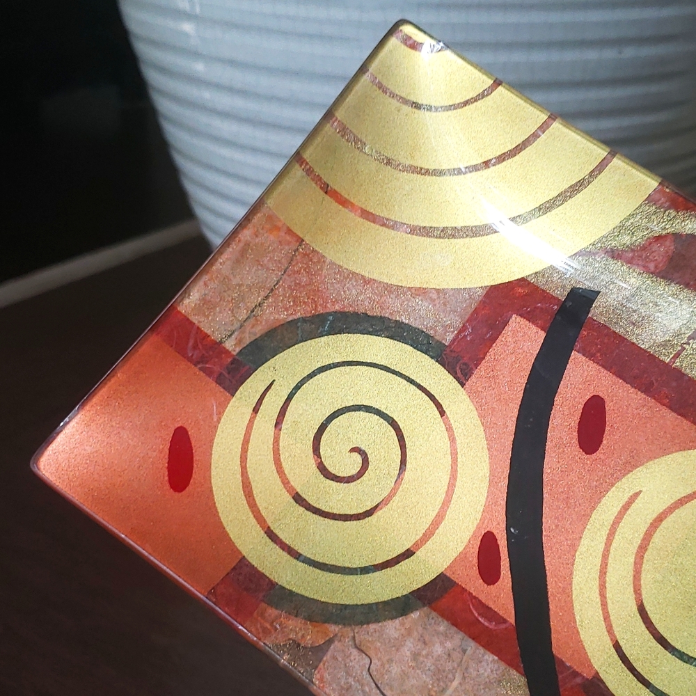 VTG Decoupage Art Tray, signed, gold, brown tones, 80ies, handmade